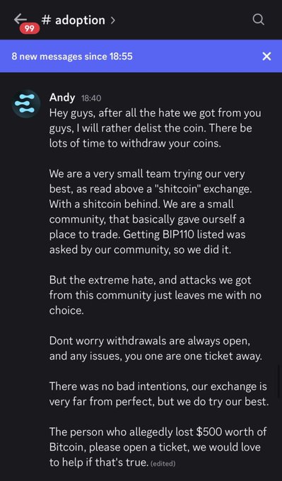A Discord message from Andy at 18:40 in the #adoption channel announces that BIP110 coin will be delisted from Neoxa Exchange due to "extreme hate and attacks" from the community, while assuring users withdrawals remain open and offering support to a user who reportedly lost $500 worth of Bitcoin. The image directly illustrates the announcement referenced in the post about Neoxa Exchange's decision to delist the controversial BLAKE2b Bitcoin fork.
