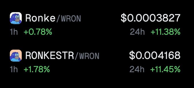 A cryptocurrency price tracker showing 'Ronke/WRON' at $0.0003827 (+11.38% in 24h) and 'RONKESTR/WRON' at $0.0004168 (+11.45% in 24h).