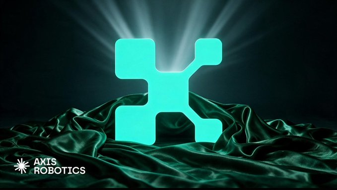 A 3D rendered image displays a glowing teal 'H'-shaped logo for 'AXIS ROBOTICS' emerging from draped dark green fabric with light rays shining behind it.