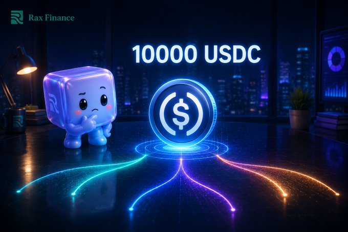A promotional graphic from 'Rax Finance' displaying '10000 USDC' with a 3D cartoon character beside a glowing dollar sign emblem in a neon-lit setting.