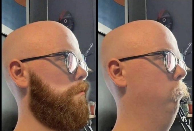 A side-by-side comparison shows a bald man with glasses in profile view, sporting a thick reddish-brown beard on the left and a freshly shaved face with only a mustache remaining on the right. The "before and after" style image humorously illustrates a dramatic grooming transformation, fitting the context of a "yesterday versus today" comparison post.