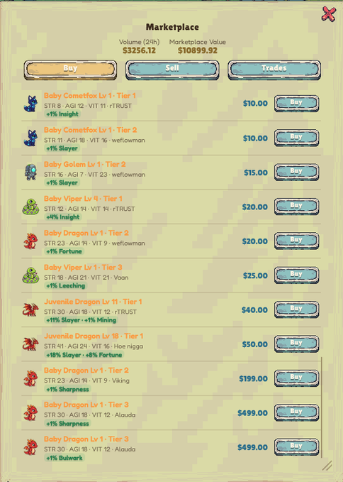 A 'Marketplace' screen listing various baby dragon and viper pets for sale with stats, tier levels, and prices ranging from $10 to $499.