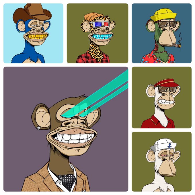 A collage of cartoon monkey NFT characters in various outfits including a cowboy, 3D glasses, hard hat, sailor hat, and one with laser beam eyes.