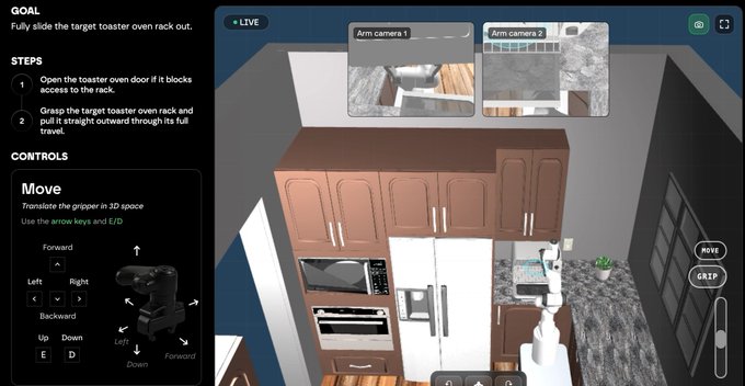 The image displays a 3D robotics simulation interface showing a kitchen scene with a robotic arm tasked to "Fully slide the target toaster oven rack out," featuring two arm camera views and control instructions for movement. This appears to be from Axis Robotics' Axis Hub, a simulation platform highlighted in the post as a rapidly growing project that consistently delivers new updates, showcasing its capability for training robotic manipulation tasks in virtual environments.