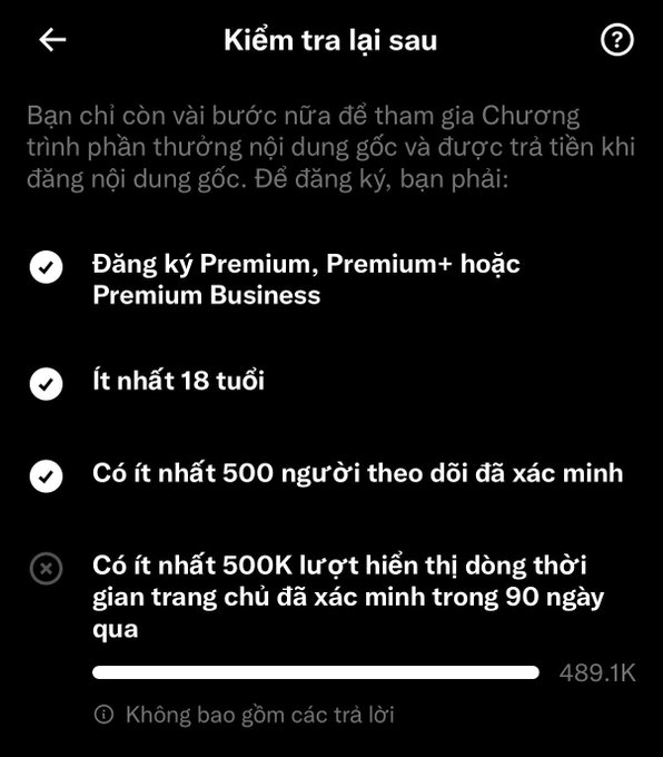 A screenshot of a Vietnamese eligibility checklist titled "Kiểm tra lại sau" showing requirements for a Premium content creator program, including age 18+, 500 verified followers, and a progress bar showing 489.1K out of 500K required impressions.