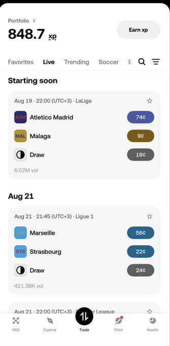 A mobile app screen showing a trading portfolio with 848.7 XP, featuring upcoming sports events like Atletico Madrid vs Malaga (LaLiga) and Marseille vs Strasbourg (Ligue 1) with their respective odds.