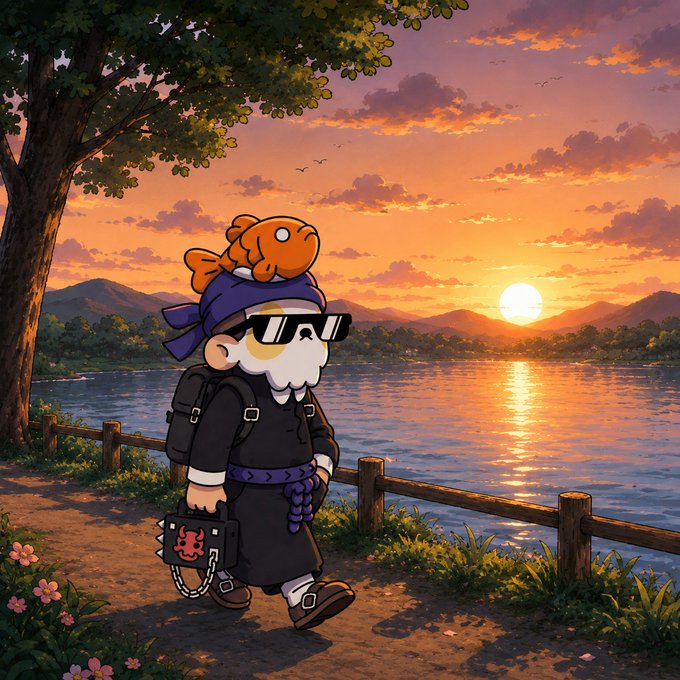 The image features a cartoon character, possibly a boy or a man, walking down a path near water with an orange fish perched on his head. The character appears to be wearing sunglasses and carrying a backpack while enjoying the sunset by the lake. The scene is set against a beautiful backdrop of mountains in the distance, creating a serene atmosphere for the cartoon character's journey.