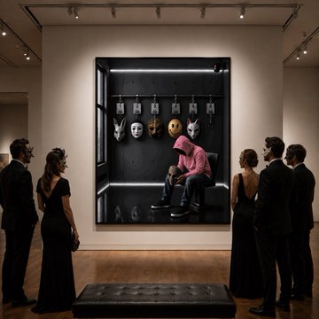 An art gallery scene shows people in formal wear examining a lit display case containing a seated figure and various masks.