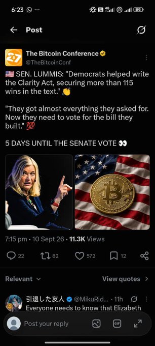 A screenshot of a post from @TheBitcoinConf on X featuring Senator Lummis alongside a Bitcoin coin over an American flag, with text claiming Democrats secured over 115 wins in the Clarity Act and noting "5 DAYS UNTIL THE SENATE VOTE."