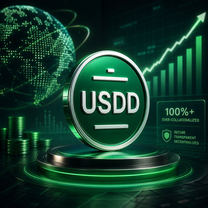A glowing green USDD coin rests on a futuristic pedestal alongside a digital globe, rising bar chart, and stacks of coins, with text highlighting "100%+ OVER-COLLATERALIZED" and "SECURE TRANSPARENT DECENTRALIZED"—visually reinforcing the caption's emphasis on USDD's stable, transparent growth within the expanding TRON-powered DeFi ecosystem.