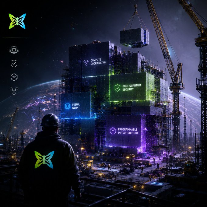 A futuristic cityscape features a towering structure with a crane, surrounded by buildings of various sizes and colors, with the sky above filled with stars and planets.
