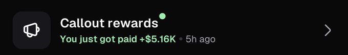 A notification from Pumpfun showing "Callout rewards" in the amount of +$5.16K received 5 hours ago, which the poster references as earnings just 6 days into their journey after growing to 26k followers by holding calls from @a1lon9.