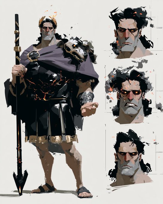 A character design sheet features a stern, bearded warrior figure with dark hair and a laurel wreath, dressed in a dark tunic with a purple cloak and a skull-adorned pauldron, holding a tall spear. The right side displays three expression studies of the same character's face, ranging from stoic to anguished, tying directly into the "working on a new god" concept by showcasing different emotional states of this imposing deity.