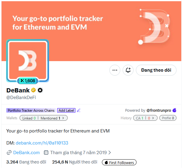 The image displays the Twitter/X profile page for DeBank (@DeBankDeFi), labeled as a "Portfolio Tracker Across Chains," showing 3,264 following, 254.6K followers, and a join date of July 2019. This aligns with the accompanying post, which references DeBank as a longstanding WalletFi/portfolio tracking project that has been active for approximately 6 years, fitting the context of the discussion about established Layer2 infrastructure projects.