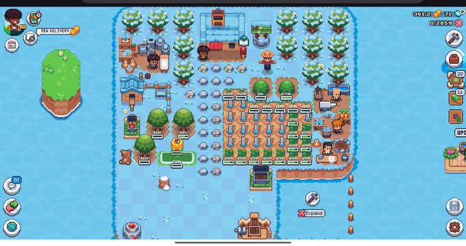 A screenshot of a mobile farming game (similar to Farm Together) showing a snowy farm layout with trees, crops, characters, and various interactive UI elements.