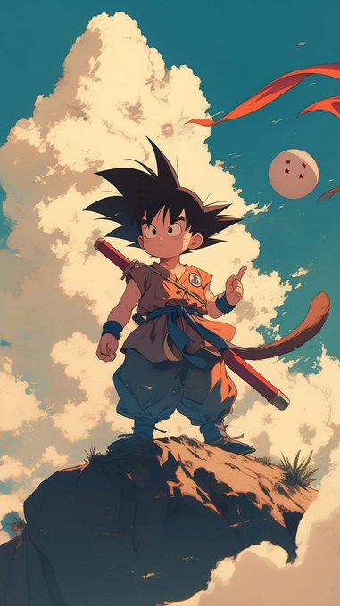 An anime-style illustration of a young Goku-like character with spiky black hair standing on a rocky outcrop, wearing an orange gi and carrying the Power Pole, with a four-star Dragon Ball floating in the cloudy sky.