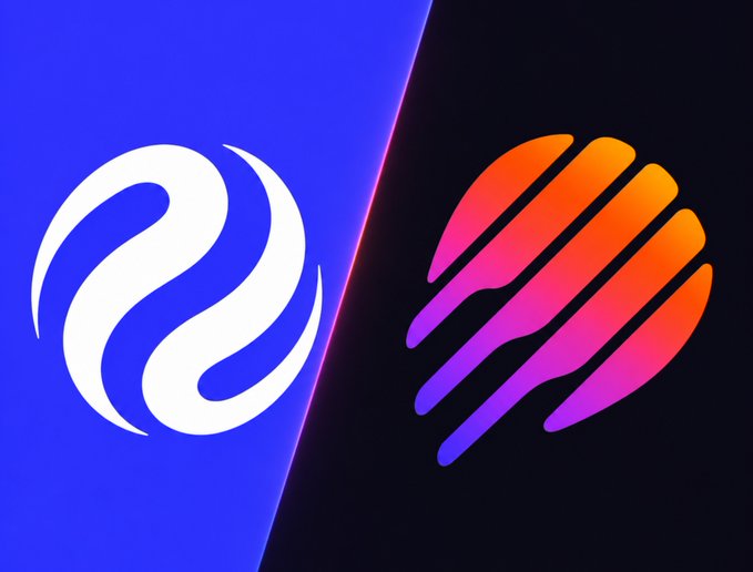 A side-by-side comparison graphic showing the white swirl logo of the GAL cryptocurrency on a blue background next to a colorful pink, orange, and purple streaked logo on black.