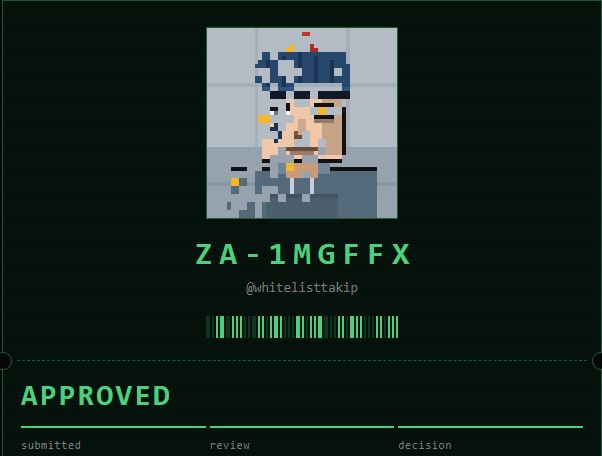 A pixel art profile displays a character smoking, labeled "ZA-1MGFFX" with the username "@whitelisttakip" and marked as "APPROVED."