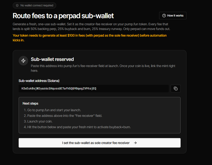 In this screenshot, there is a screen showing a message page that instructs users on how to create their own sub-wallet. It provides instructions for entering a wallet address into the sub-wallet creation process. The text is displayed on both vertical lines and black boxes, making it clear and easy to read.