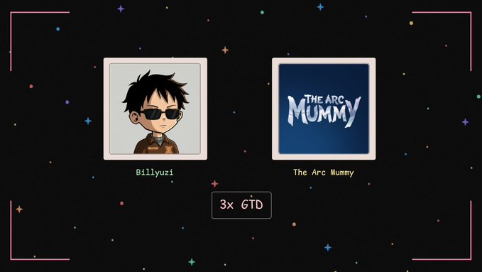 An image showing two NFT-style profile cards labeled 'Billyyuzi' and 'The Arc Mummy' against a starry background, with text indicating '3x GTD' between them.