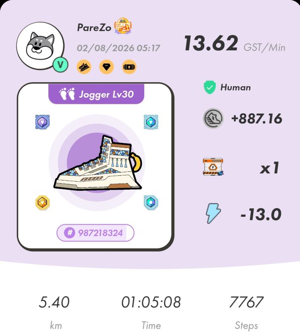 STEP'N GO share card for user 'PareZo' showing a Jogger Lv30 sneaker run: 5.40 km, 01:05:08 time, 7767 steps, earning +887.16 GST at 13.62 GST/Min.