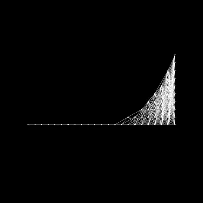 A white wireframe spiral animation emerging from a horizontal dotted line against a black background, resembling a spiral galaxy or shell shape.