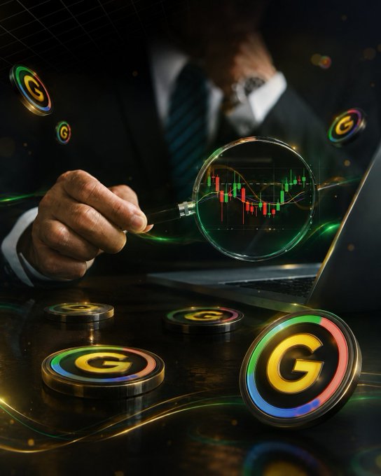 A businessman in a suit examines a candlestick stock chart through a magnifying glass, surrounded by glowing "G" coin tokens on a dark surface near a laptop. The image visually reinforces the post's message of G Coin's rapid expansion and trading potential within the Playnance Web3 Gaming Ecosystem.