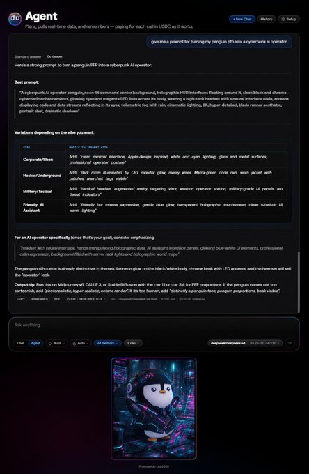 A screenshot of an AI chatbot interface labeled 'Agent' generating a detailed prompt to transform a penguin image into a cyberpunk AI operator, complete with variations and a final penguin image with glowing lights.