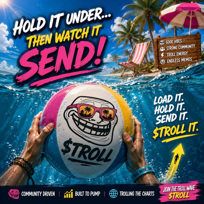 A vibrant promotional graphic for the $TROLL meme coin features a troll-faced beach ball with palm tree sunglasses being held underwater, with bold text reading "HOLD IT UNDER... THEN WATCH IT SEND!" alongside taglines "LOAD IT. HOLD IT. SEND IT. $TROLL IT." and features like "GOOD VIBES," "STRONG COMMUNITY," "TROLL ENERGY," and "ENDLESS MEMES," fitting the poster's message of temporarily cutting their $TROLL position while remaining bullish on its potential to "send" during a future bull run.