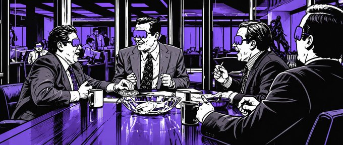 A stylized purple and black comic-style illustration shows four men in suits wearing sunglasses around a poker table with chips and a bowl.