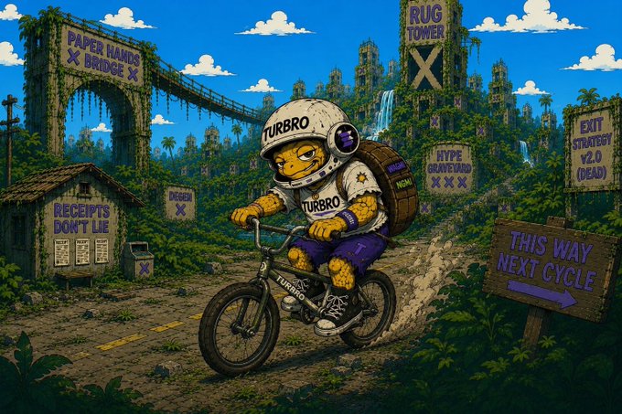 A pixel-art turtle character wearing a "TURBRO" helmet rides a bike through an overgrown, post-apocalyptic landscape, passing signs reading "HYPE GRAVEYARD," "EXIT STRATEGY V2.0 (DEAD)," "PAPER HANDS BRIDGE," and "THIS WAY NEXT CYCLE," perfectly illustrating the post's message about holding conviction through the "dead" phases of a crypto cycle.