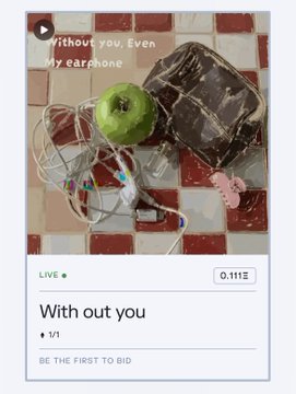 A social media post showing a green apple and a tangled white earphone resting on a brown leather wallet on a red-and-white checkered floor, with text 'Without you Even My earphone' and 'With out you' (1/1, LIVE, 0.11Ξ).