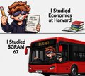 The image shows two statistics graphics: "1 Studied SG/MAM .67" and "1 Studied Economics at Harvard," both featuring a cartoon character holding a ruler, which humorously plays on the "6 7" meme. This relates to the "Six Seven Club" Telegram mini app by highlighting its name and the academic "studied" theme through the visible text.
