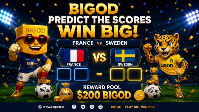 A vibrant promotional graphic for a BIGOD prediction contest featuring a France vs. Sweden matchup, with a "$200 BIGOD" reward pool and score prediction boxes flanked by mascots in team jerseys. The image visually reinforces the post's call to action by displaying the matchup details, reward amount, and score entry fields where users can submit their predictions.