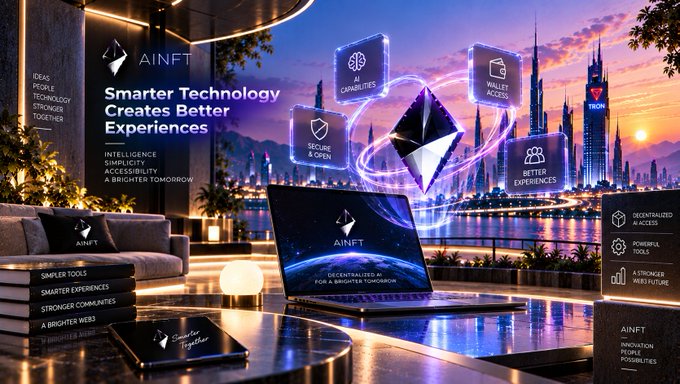 A futuristic promotional image for 'AINFT' featuring a laptop displaying 'Decentralized AI for a Brighter Tomorrow', surrounded by floating feature icons (AI Capabilities, Wallet Access, Secure & Open, Better Experiences) against a cityscape at sunset.