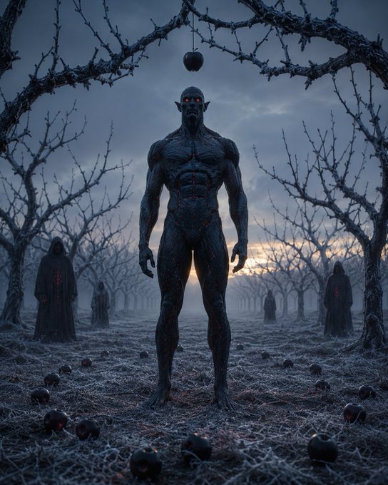 A dark, ominous figure with glowing red eyes standing in a barren forest with thorny vines arching overhead, an apple hanging from the branches, and hooded figures in the background.