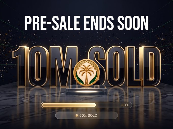 The image displays a promotional graphic with bold text reading "PRE-SALE ENDS SOON" and "10M SOLD" in large gold lettering, accompanied by a progress bar showing "60% SOLD" and a gold coin featuring a palm tree emblem. The graphic aligns with the post's announcement that 10,000,000 $TNQ tokens have been sold, urging viewers to purchase before the presale closes at tansiq-group.com/presale.