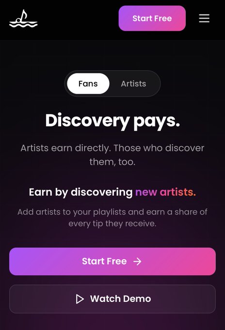 The image shows a phone screen displaying an app called "Discover Pay" with a purple background, white text, and a button labeled "Start Free". The app description reads that it allows users to discover new artists by adding them to their playlists and potentially earn money in return for sharing the discovery. The post suggests that hackathons are not about having the perfect idea but rather about discovering one's capabilities under pressure through collaborative problem-solving activities, such as participating in hackathons like the Zora Coinathon.