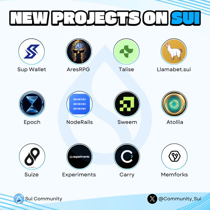A promotional graphic titled 'NEW PROJECTS ON SUI' displays logos and names for 12 projects: Sup Wallet, AresRPG, Talise, Llamabet.sui, Epoch, NodeRails, Sweem, Atollia, Suize, Experiments, Carry, and Memforks, credited to Sui Community and @Community_Sui.