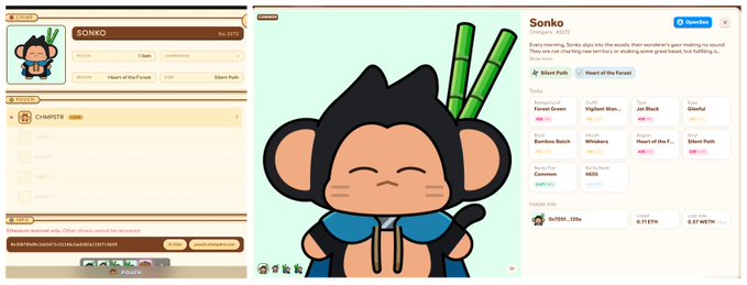 The image shows the ChimpCoin NFT collection interface displaying Sonko (Chimp #2011), a cheerful cartoon monkey character holding bamboo, with a profile page on the right listing traits like "Forest Green," "Vigilant Bkm...," and "Jolly Block," along with rarity stats (29.58%) and ownership details (MINTED: 12s, O.FLOOR: 0.373 ETH, O.7D MTM). The screenshot illustrates the post's message by demonstrating that each of the 5,555 unique chimps has its own detailed collector profile, name, backstory, multiple art styles, and dedicated wallet tracking, embodying the collection's built-to-be-collected and built-to-evolve concept.