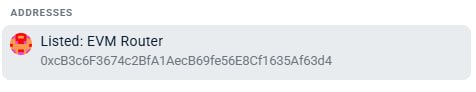 An interface section showing an address labeled 'Listed: EVM Router' with the address 0xcB3c6F3674c2BfA1AecB69fe56E8Cf1635Af63d4.