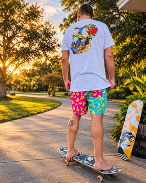 A person wearing a white t-shirt with a colorful cartoon graphic and pink/teal patterned shorts stands on a skateboard outdoors, with another skateboard nearby.