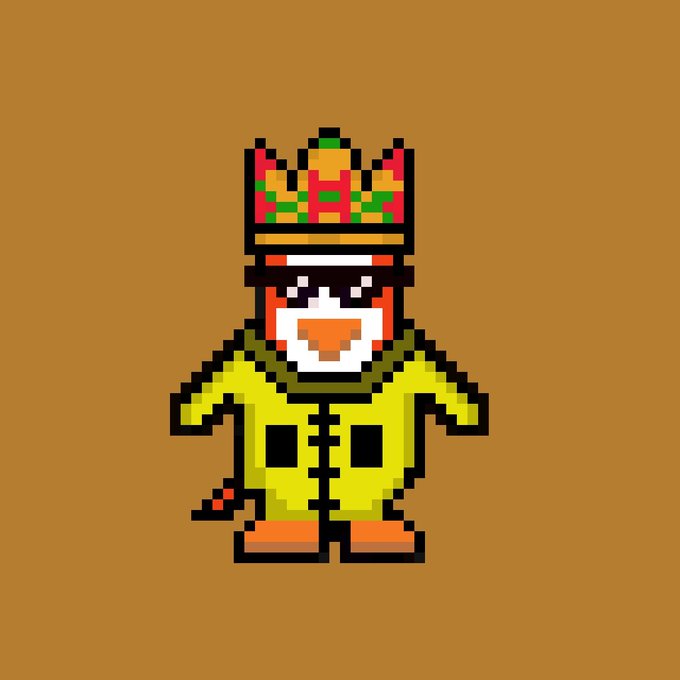A pixel art illustration of a character wearing a yellow suit and a patterned crown against a brown background.