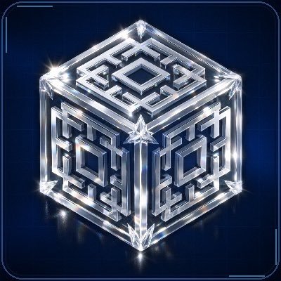 A glowing, futuristic metallic cube with intricate geometric maze-like patterns on each face, set against a dark blue background.