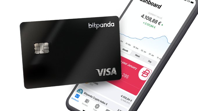 A black Bitpanda Visa card floats in front of a smartphone displaying a dashboard with a current value of €4,108.88 and the Bitpanda Crypto Index 5.