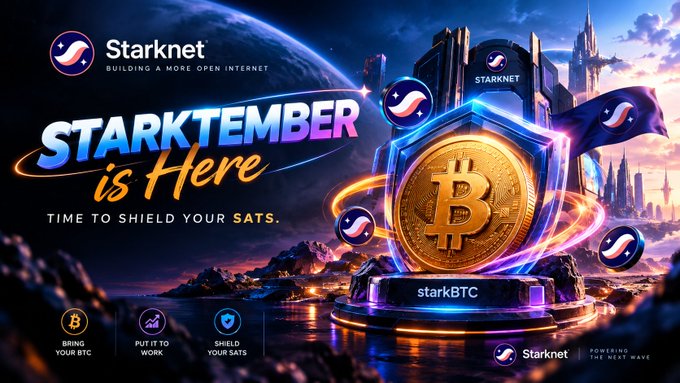 Promotional graphic for Starknet reading 'STARKTEMBER is Here - TIME TO SHIELD YOUR SATS' featuring a glowing Bitcoin shield.