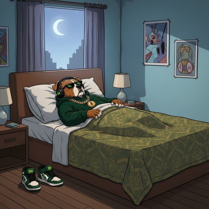 An illustration of an anthropomorphic dog wearing a green hoodie, gold chain, pixelated sunglasses, and headphones, lying in bed under a green patterned blanket with green and white sneakers on the floor and a crescent moon visible through the window.