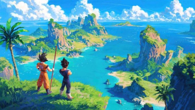 An anime-style illustration of two characters with spiky black hair (one in an orange gi with a staff, the other in a dark outfit) standing on a cliff overlooking a tropical landscape with turquoise water, islands, and mountains under a blue cloudy sky.