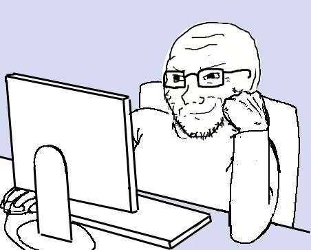 A black and white illustration of a bald man with glasses resting his chin on his hand while looking at a computer monitor.