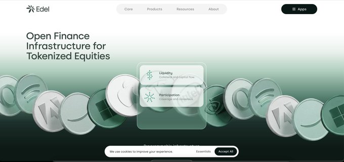 A website header for 'Edel' promoting 'Open Finance Infrastructure for Tokenized Equities' with features for Liquidity and Participation displayed over a background of 3D coins.